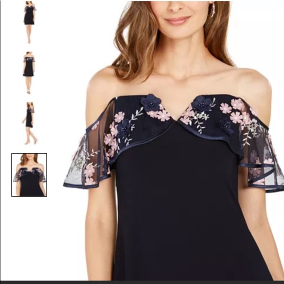 Party Dress - off the shoulders w/Sheer Straps Embroidered flowers  sz L - Picture 1 of 10